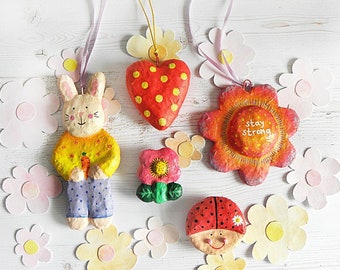 Paper mache bunny ornament, paper mache heart, paper mache flower ornament, paper mache flower brooch, paper mache ladybug magnet