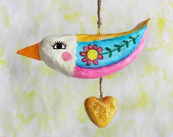 Paper Mache Hanging Bird Ornament, Bird Wall Hanging, Whimsical Paper Mache Bird, Animal Decoration, Paper Sculpture, Recycled Paper Art