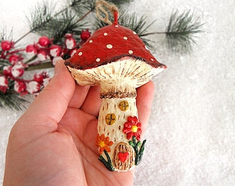 Paper Mache Mushroom House Ornament, Hanging Mushroom Decor, Big Mushroom Sculpture, Mushrooms Christmas, Eco-Friendly Decor, Toadstool Art