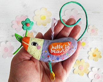 Papier Mache Bird Ornament With Flower, Hanging Bird Sculpture With Inspirational Quote, Motivational Gift, Hello Beautiful Bird Decoration