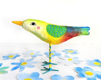 Paper Mache Yellow Green Red Blue Bird Decoration, Standing Bird Sculpture, Bird Decor, Whimsical Bird Artwork, Unique Gift, Recycled Art