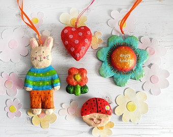 Paper mache bunny ornament, paper mache heart, paper mache flower ornament, paper mache flower brooch, paper mache ladybug magnet