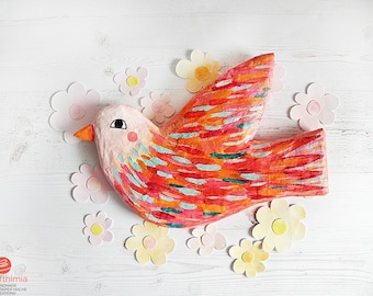 Paper Mache Bird Wall Art, Bird Wall Hanging, Whimsical Paper Mache Bird, Bird Home Decoration, Paper Bird Sculpture, Recycled Paper Art