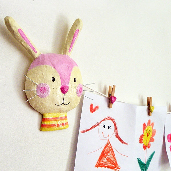 Bunny Art Display, Paper Mache Bunny, Bunny Kids Decor, Rabbit Wall Art, Girl Room Decor, Girl Art Display, Kids Picture Display, Art Hanger