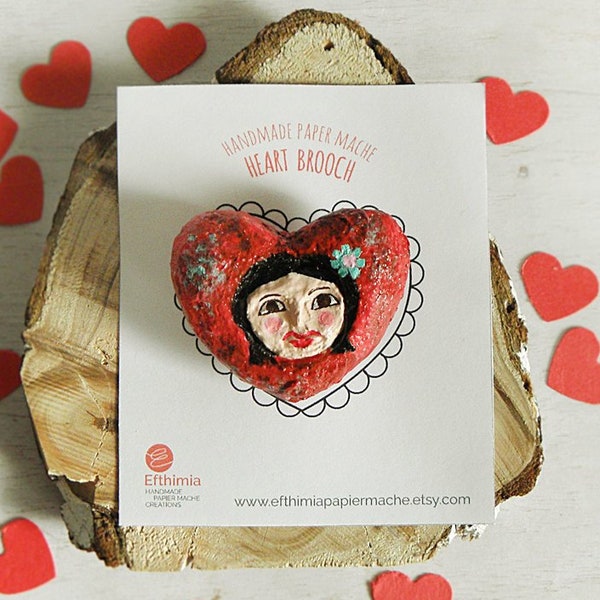 Women Red Heart Brooch with girl face Paper Mache Art Unique Valentine's day gift for friend Romantic Gift Heart Pin Recycled Paper Jewelry