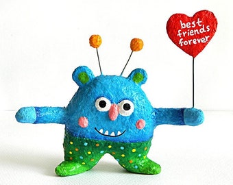 Paper Mache Cute Blue Green Monster, Best Friends Forever, Happy Art Sculpture, Cute Monster Figure, Whimsical Sculpture, Friendship Gift