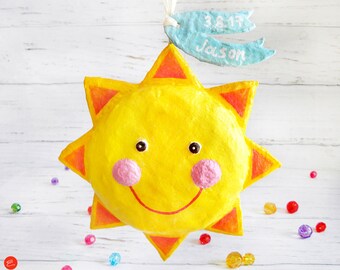 Personalized Sun Ornament, Day You Were Born, New Born Boy Gift, Custom Ornament, Nursery Sun Decor, Sun Baby Ornament, Paper Mache Sun