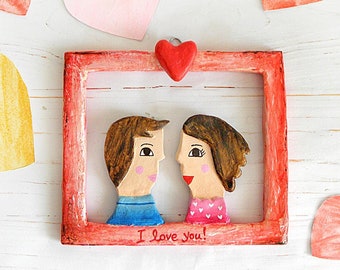 Paper Mache Couple In Love Sculpture, Couples Gift, Anniversary Gift, Paper Mache Art, Small Wall Hanging Art Decor, I Love You Sculpture