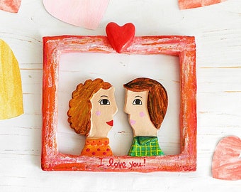 Paper Mache Couple In Love Sculpture, Couples Gift, Anniversary Gift, Paper Mache Art, Small Wall Hanging Art Decor, I Love You Sculpture