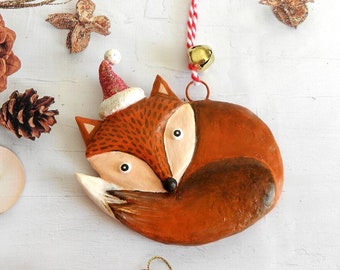 Paper Mache Christmas Fox Ornament Wearing Santa Hat, Hanging Fox Decor, Papier Mache Fox Christmas Tree decor, Recycled Christmas Ornaments