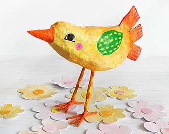 Paper Mache Yellow Bird Decoration, Standing Bird Sculpture, Bird Decor, Yellow Bird Art, Whimsical Bird Artwork, Unique Gift, Recycled Art