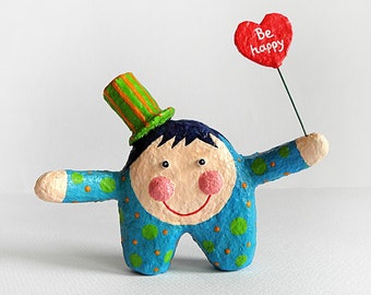 Paper Mache Cute Boy Figurine With Hat, Sending Hugs, Encouragement Gift For Friend, Handmade Papier Mache Sculpture, Motivational Gift