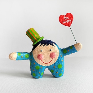 Paper Mache Cute Boy Figurine With Hat, Sending Hugs, Encouragement Gift For Friend, Handmade Papier Mache Sculpture, Motivational Gift