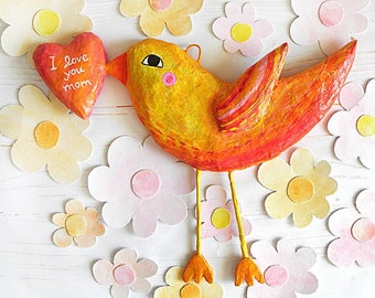 Paper Mache I Love You Mom Bird Wall Art, Mothers Day Gift From Daughter, Mom Gift From Child, Mom Birthday Gift, I Love You Mom Gifts