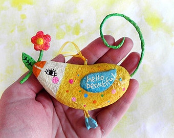 Paper Mache Bird Ornament With Flower, Hanging Bird Sculpture With Inspirational Quote, Motivational Gift, Hello Beautiful Bird Decoration