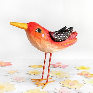 Handmade Paper Mache Red Bird Sculpture: Whimsical Recycled Art Decor