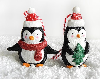 Paper Mache Christmas Penguin Ornaments, Hanging Penguins, Christmas Tree Decoration, Papier Mache Penguins, Cute Penguin, Handmade Penguins