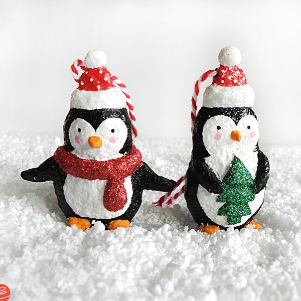 Paper Mache Christmas Penguin Ornaments, Hanging Penguins, Christmas Tree Decoration, Papier Mache Penguins, Cute Penguin, Handmade Penguins