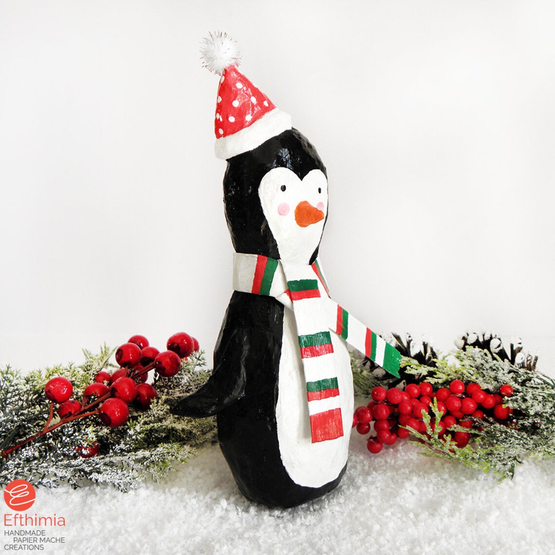 Paper Mache Christmas Penguin, Papier Mache Penguin, Arctic Animal Art