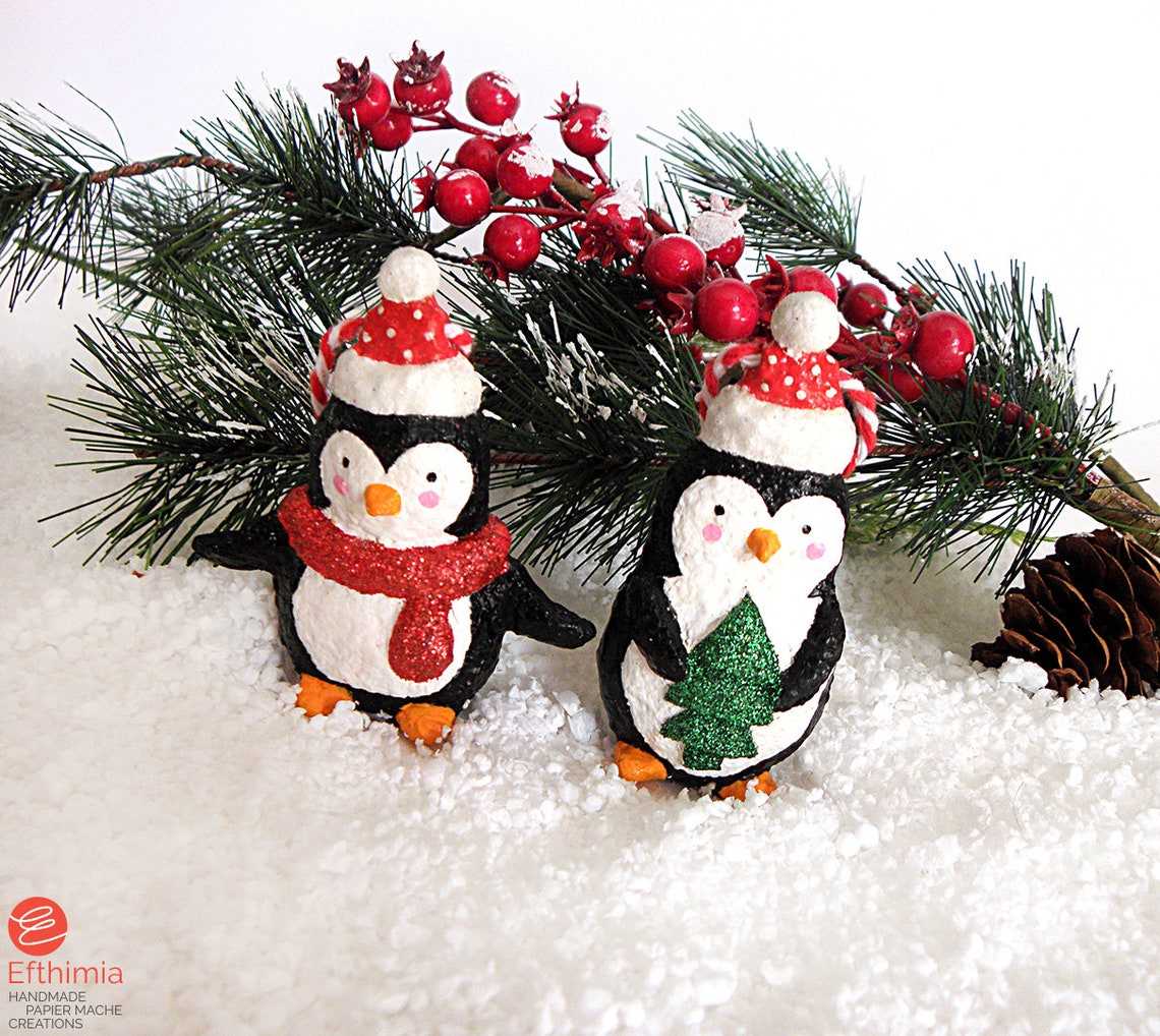 Paper Mache Christmas Penguin Ornaments, Hanging Penguins, Christmas