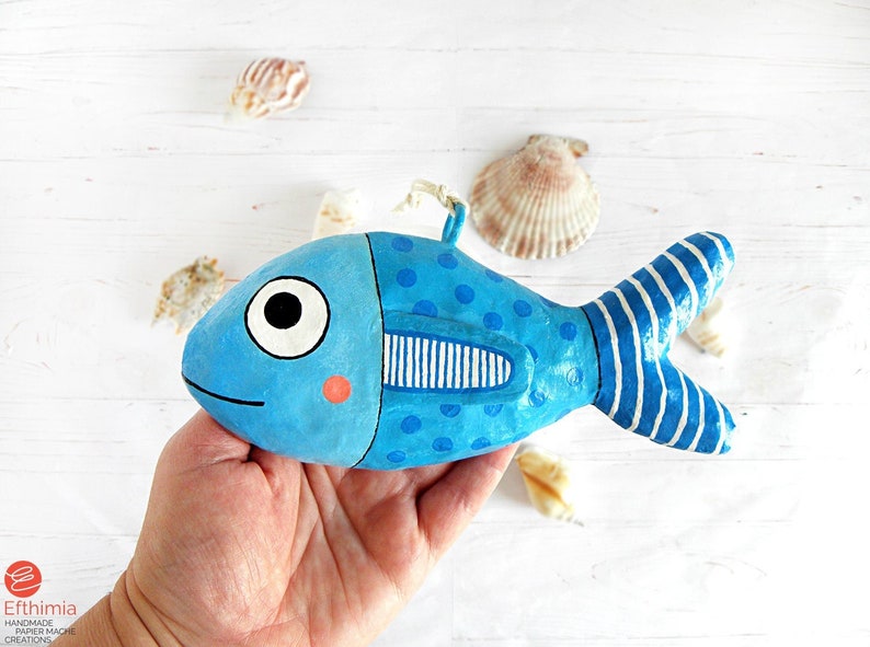 Paper Mache Blue Fish Ornament Fish Wall Hanging Whimsical Etsy