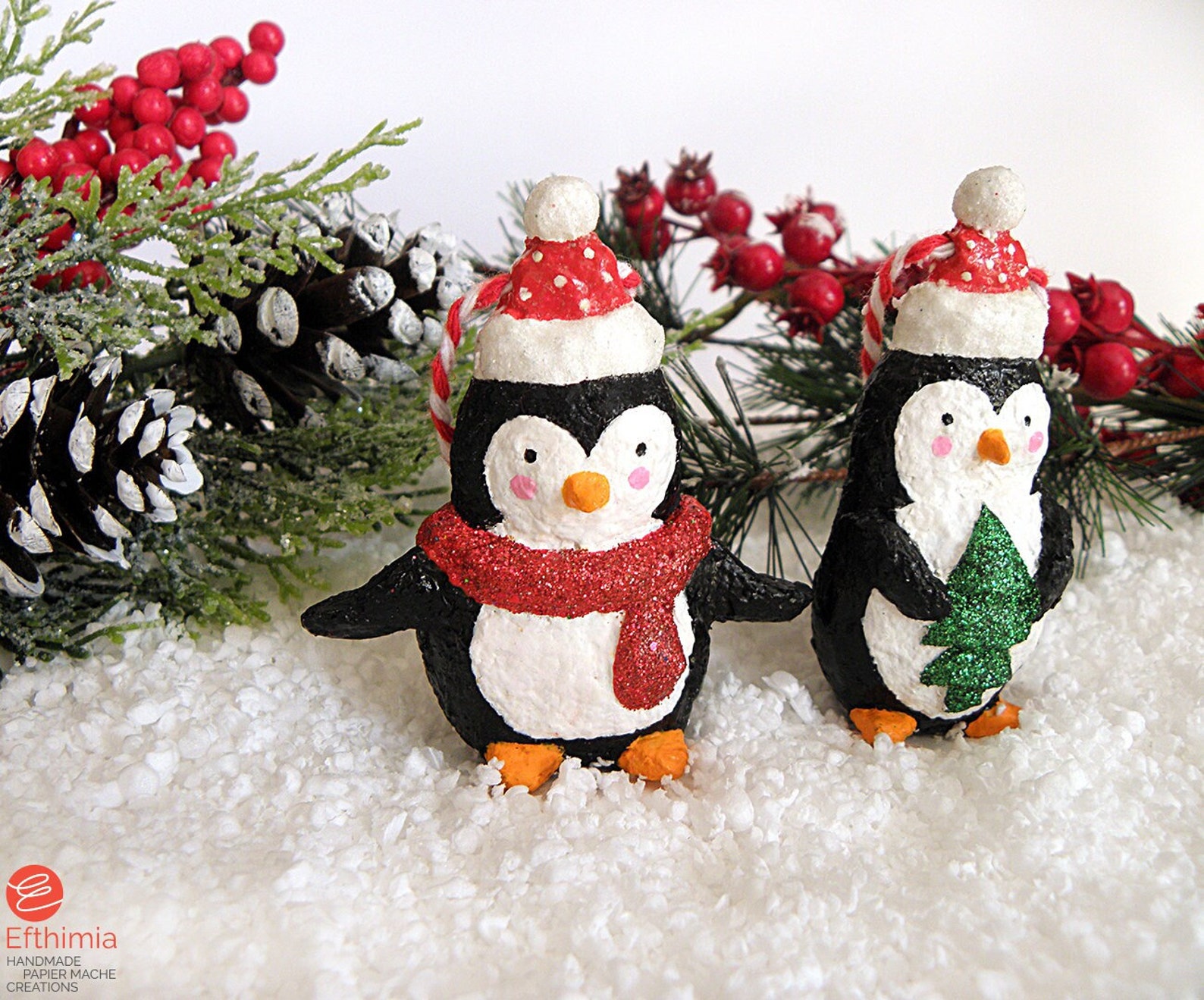 Paper Mache Christmas Penguin Ornaments, Hanging Penguins, Christmas