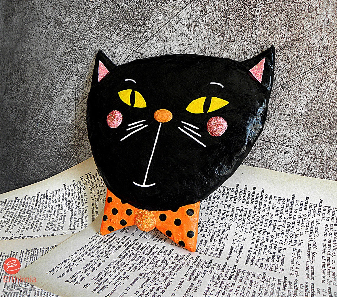 Paper Mache Black Cat Wall Decor Halloween Black Cat Head - Etsy