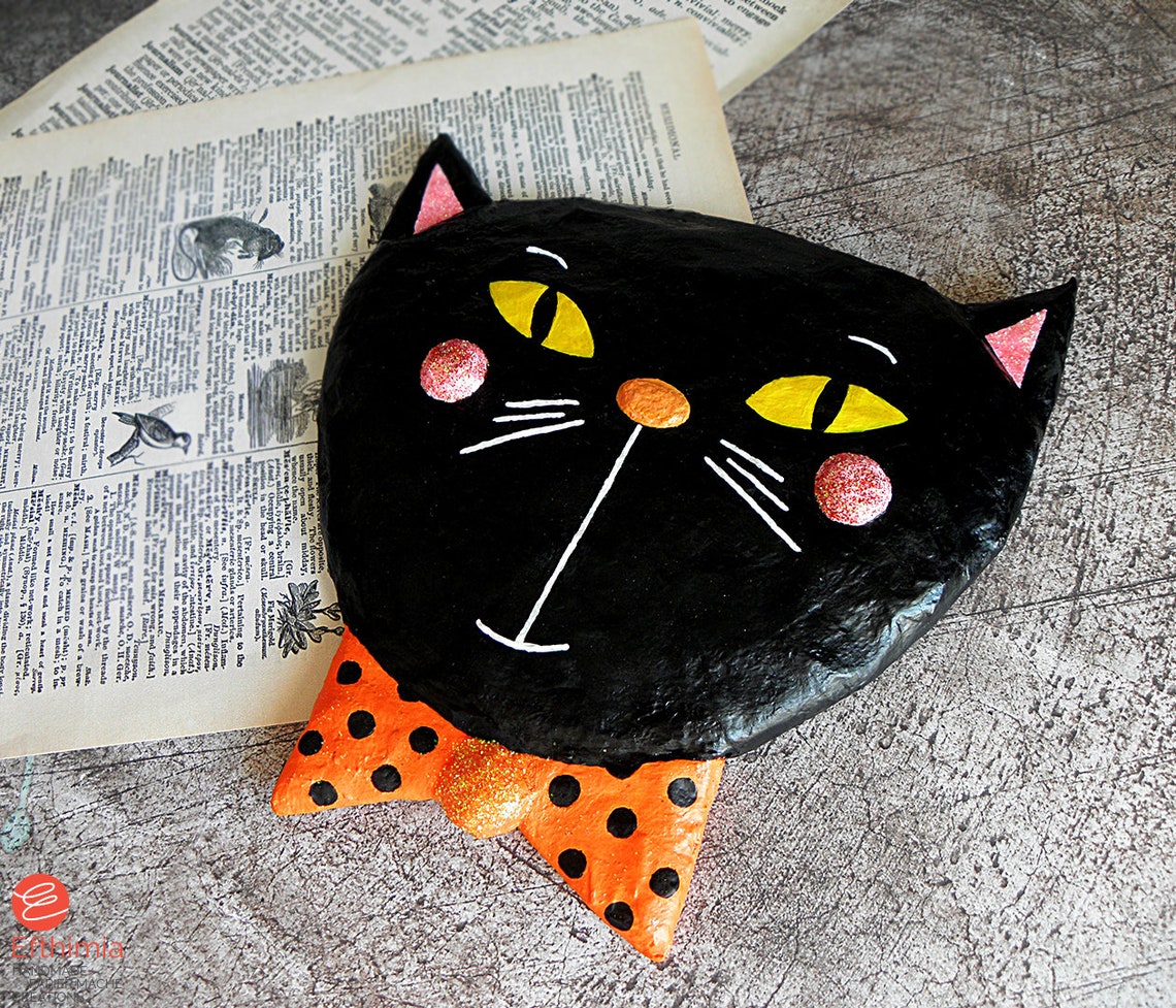 Paper Mache Black Cat Wall Decor Halloween Black Cat Head Etsy