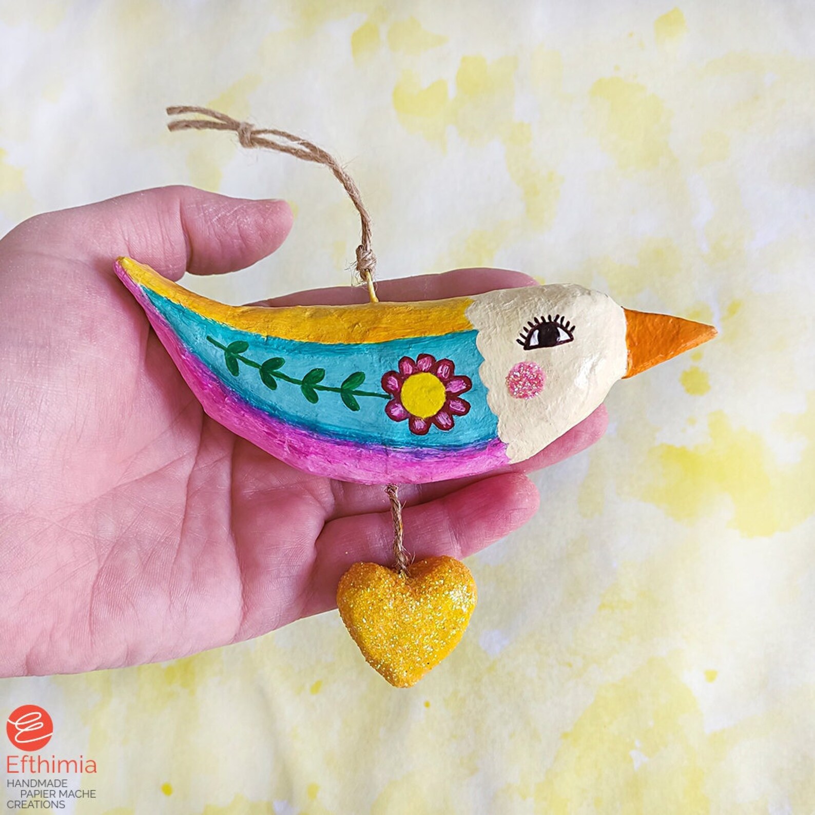 Paper Mache Hanging Bird Ornament, Bird Wall Hanging, Whimsical Paper