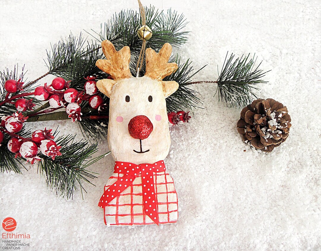 Paper Mache Christmas Reindeer Ornament Hanging Reindeer Etsy