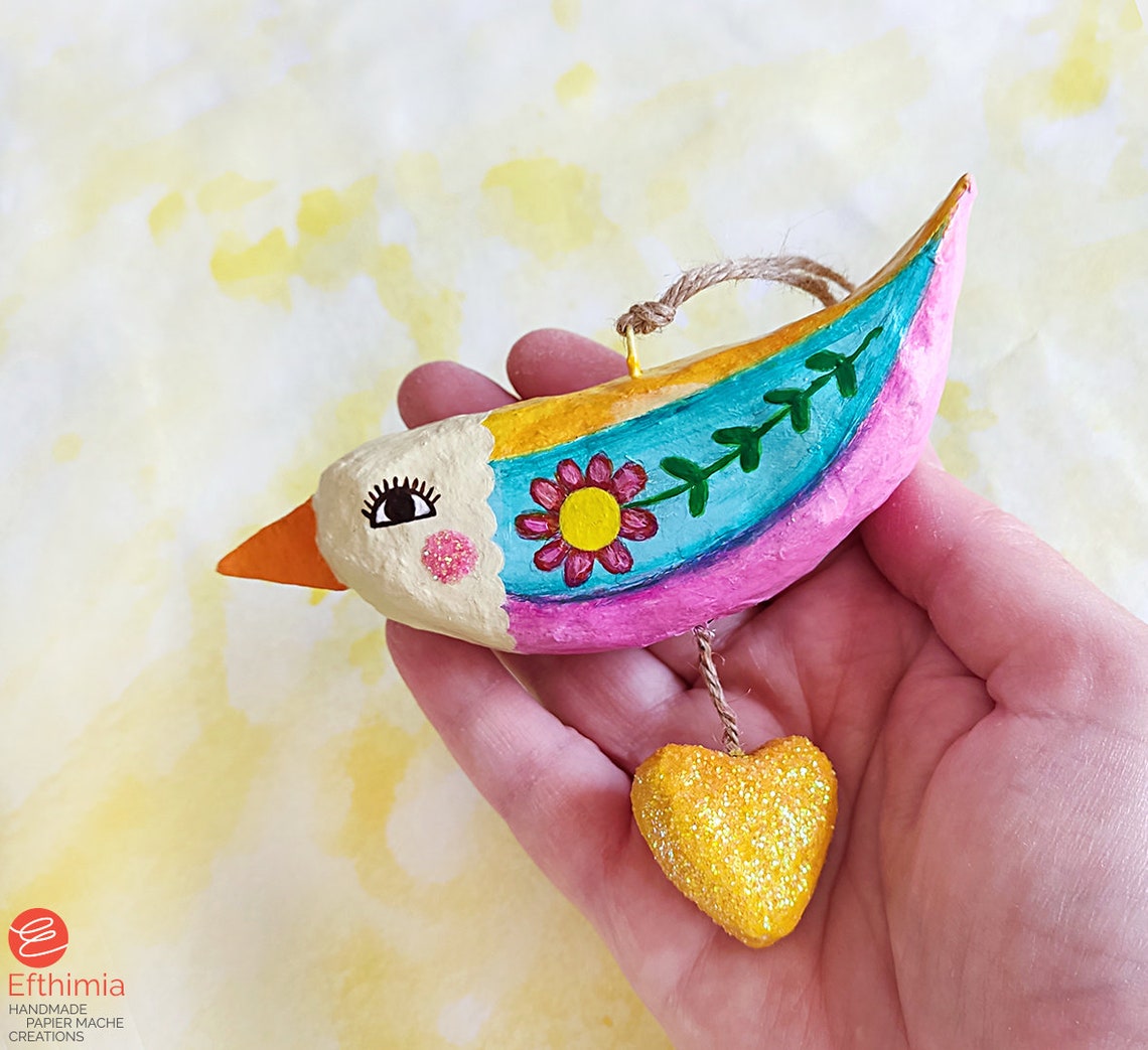 Paper Mache Hanging Bird Ornament Bird Wall Hanging Etsy