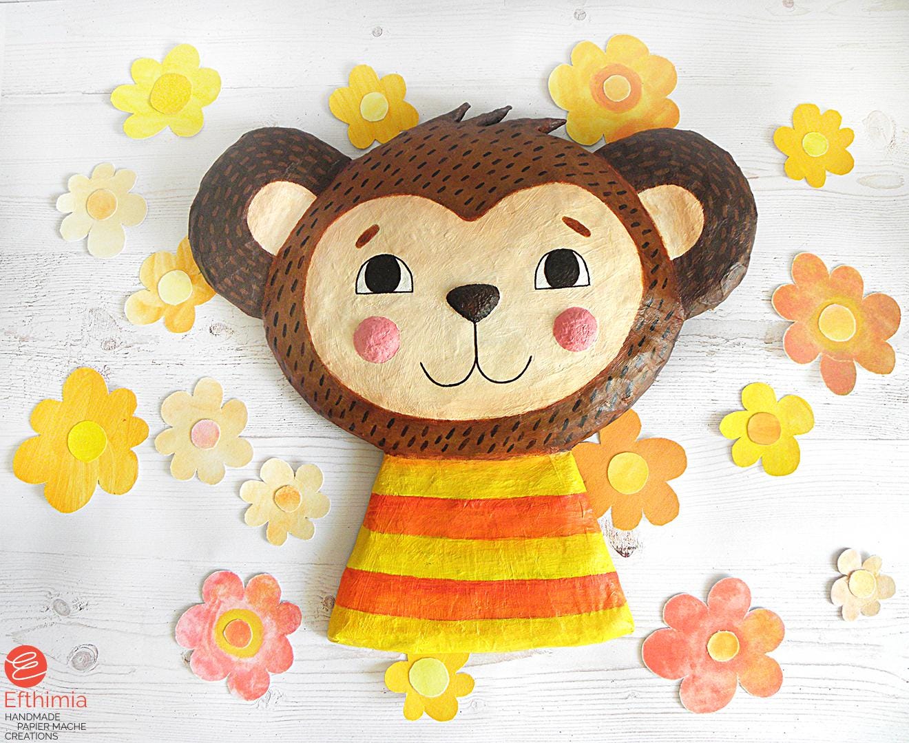 Paper Mache Happy Smiling Monkey Head Wall Decor, Animal Head Wall Hanging, Handmade Monkey Sculpture, Faux Taxidermy Wall Mount Nursery