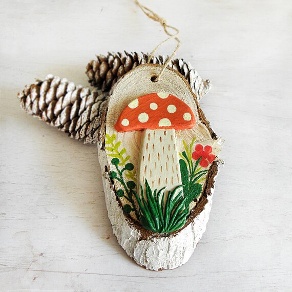 Set of home decor gift idea. Wooden slab art wood slice paintings and salt shaker Wood slice ornament Mushroom and strawberry art