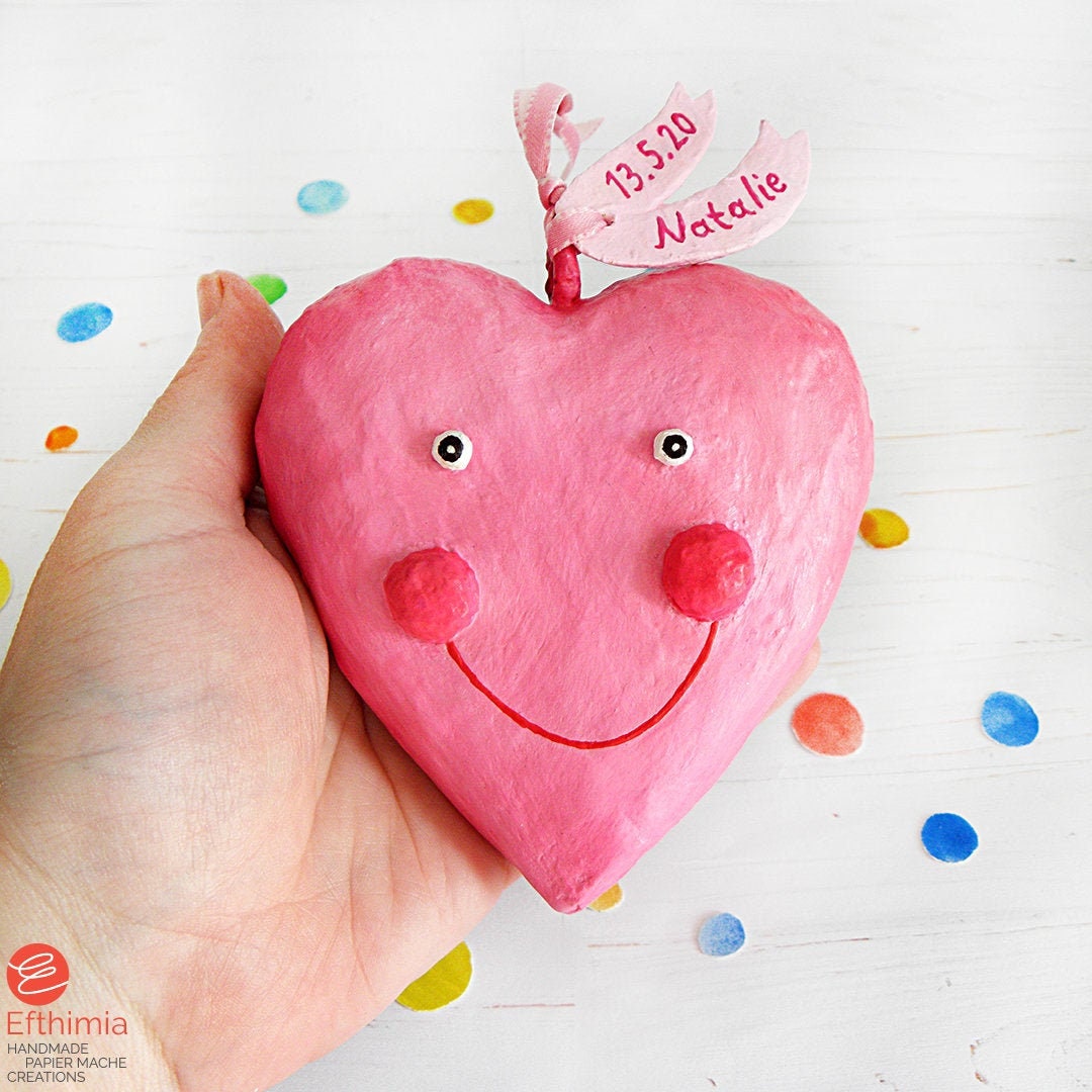 Paper Mache Baby Girl Ornament Pink Happy Heart Personalised Etsy