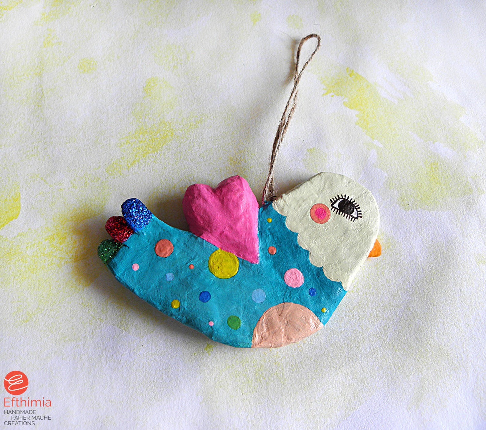 Paper Mache Colorful Bird Ornament, Decorative, Whimsical Paper Mache
