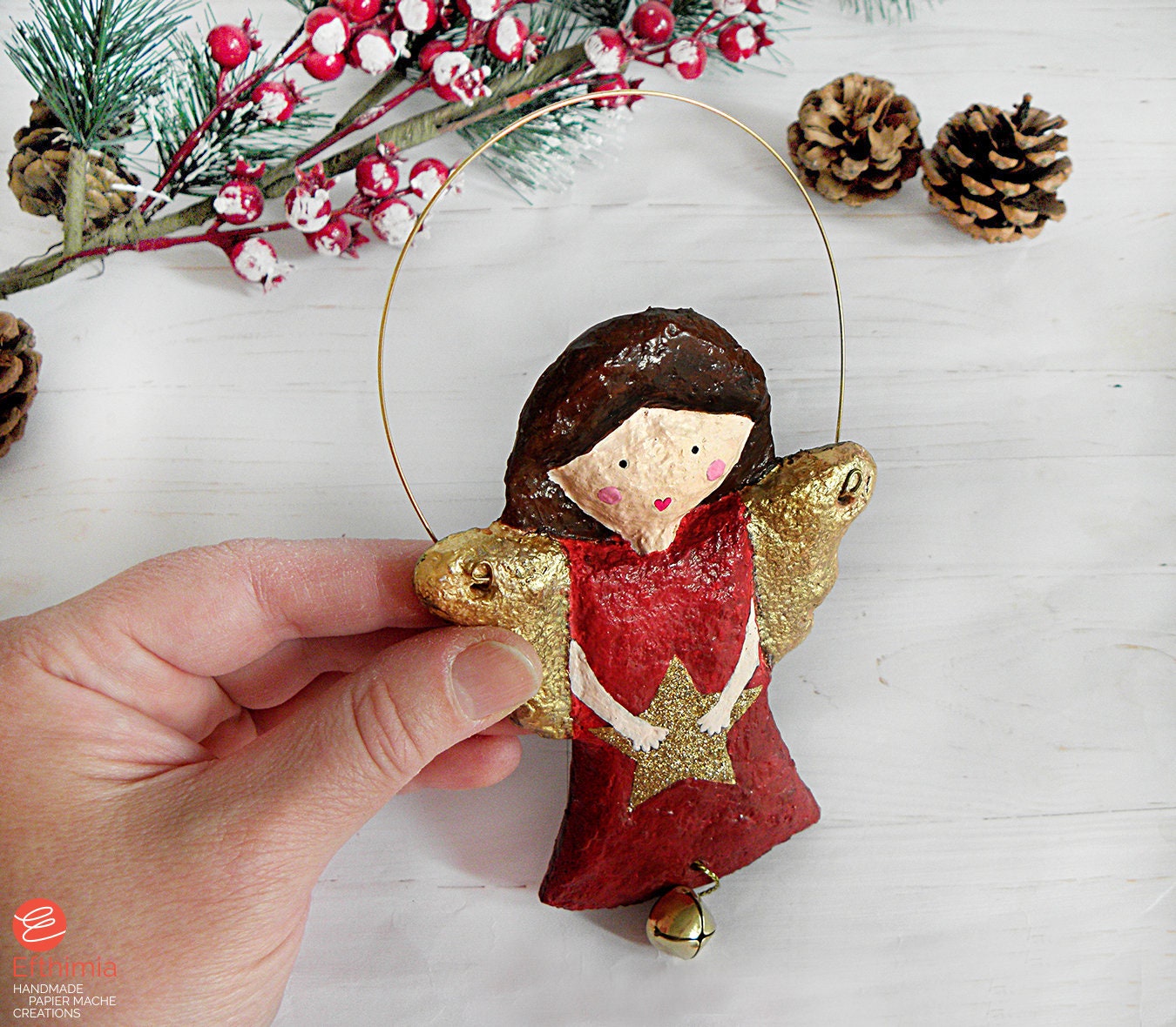 Paper Mache Angel Christmas Ornament, Hanging Angel Decor, Christmas