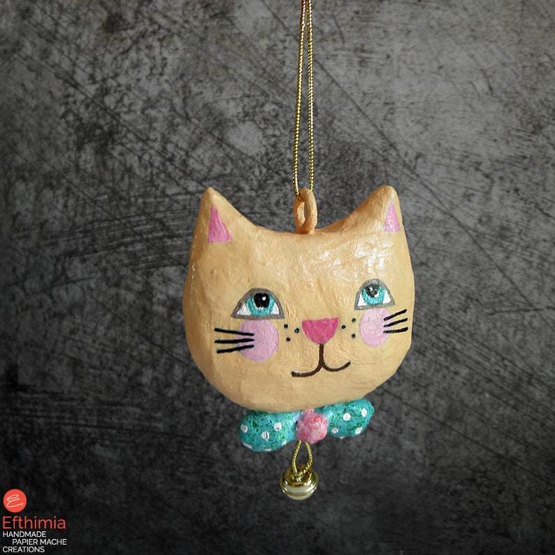 Cat Ornament, Paper Mache Salmon Cat, Cat Lover Gift, Christmas