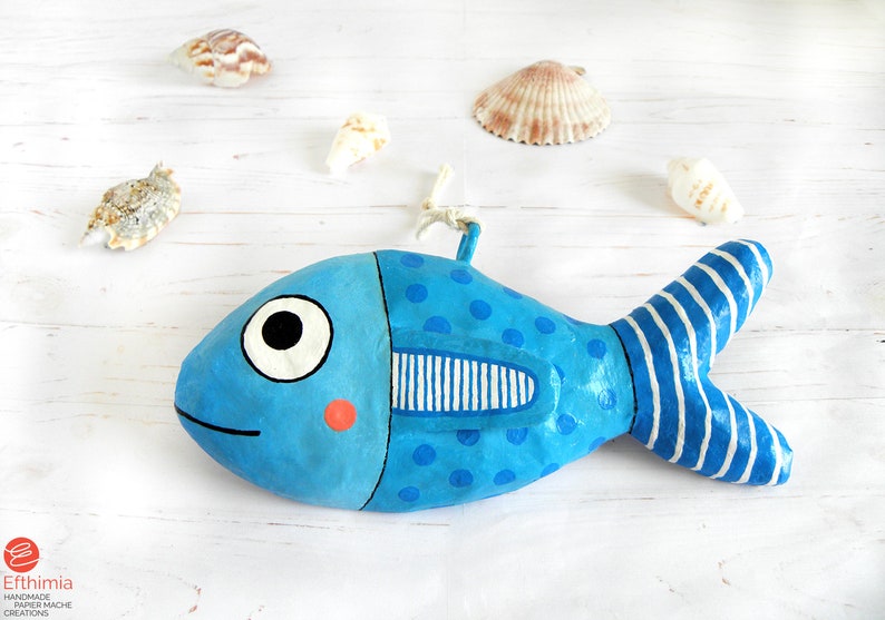Paper Mache Blue Fish Ornament Fish Wall Hanging Whimsical Etsy