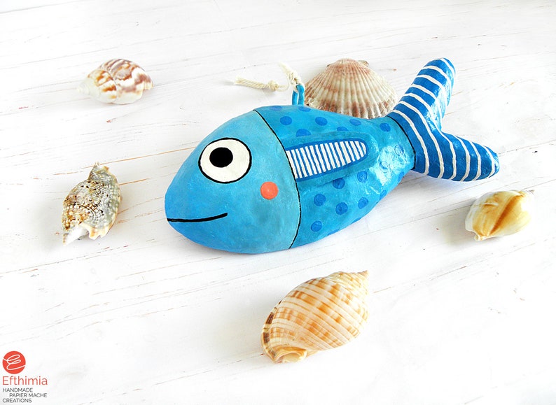 Paper Mache Blue Fish Ornament Fish Wall Hanging Whimsical Etsy