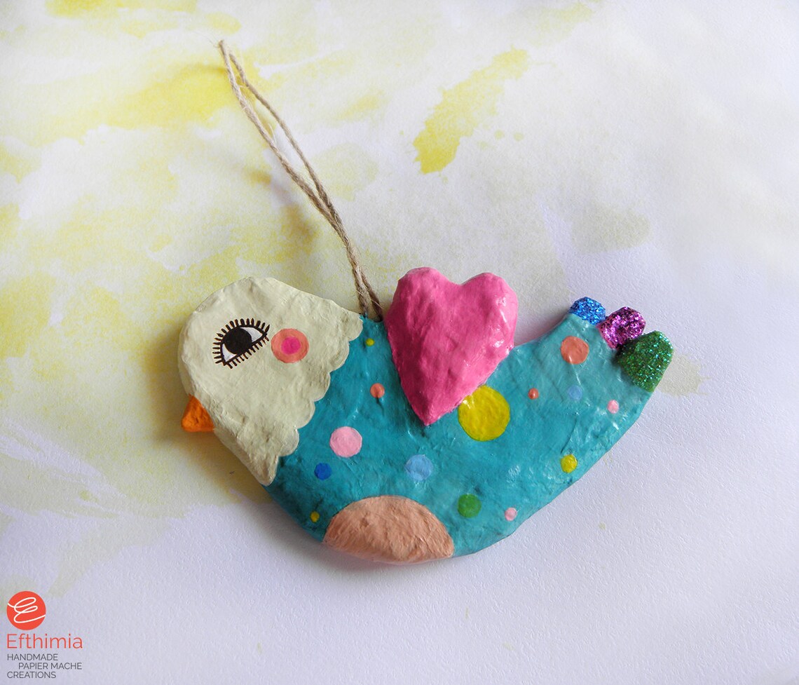 Paper Mache Colorful Bird Ornament, Decorative, Whimsical Paper Mache