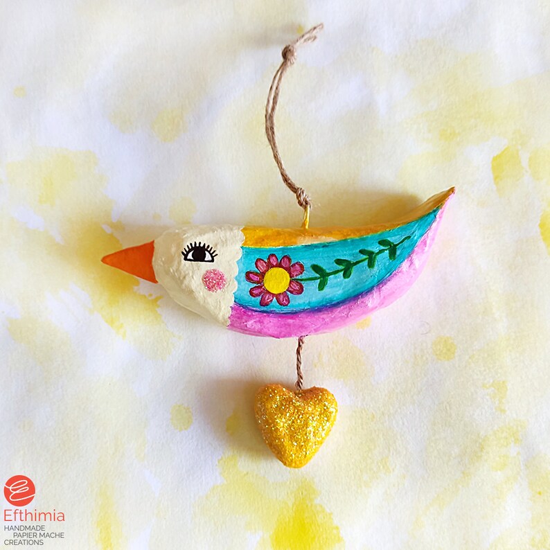 Paper Mache Hanging Bird Ornament, Bird Wall Hanging, Whimsical Paper