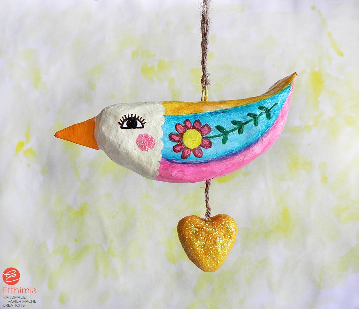 Paper Mache Hanging Bird Ornament, Bird Wall Hanging, Whimsical Paper