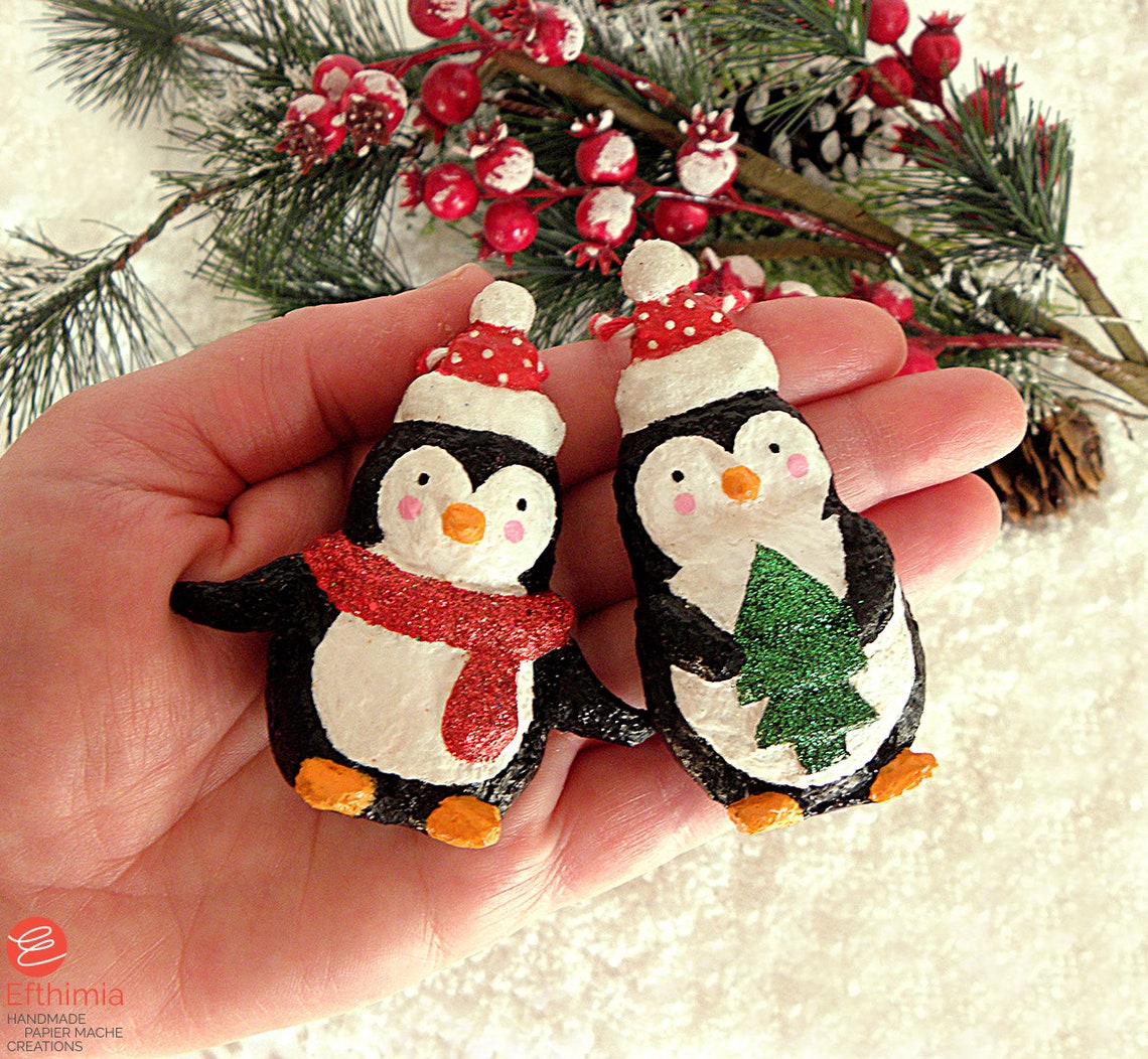 Paper Mache Christmas Penguin Ornaments, Hanging Penguins, Christmas
