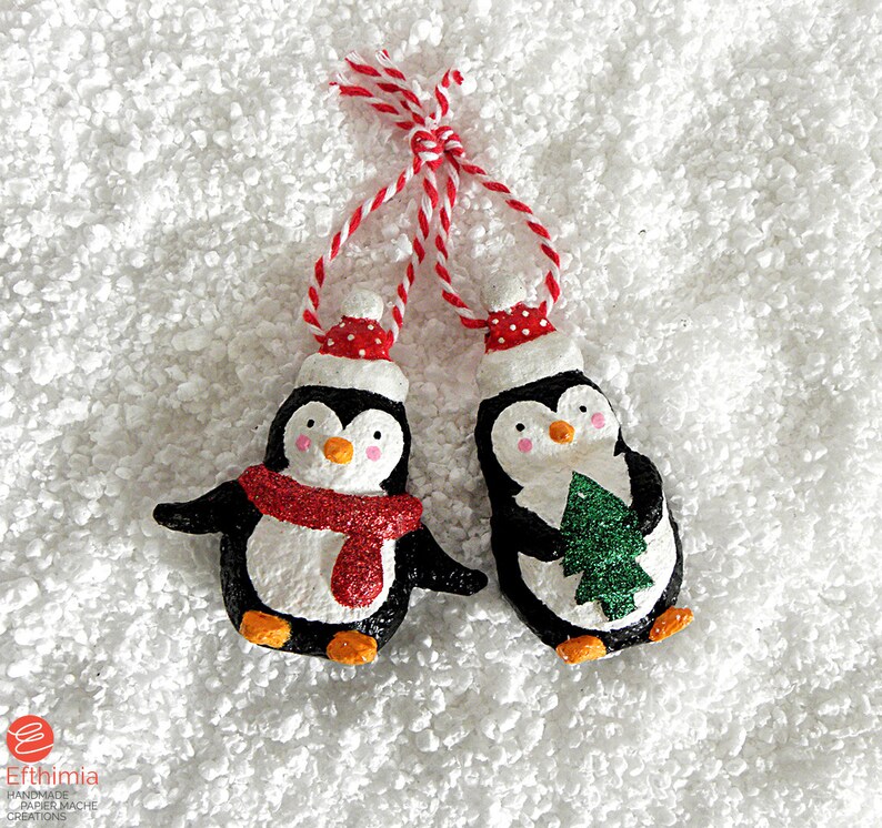 Paper Mache Christmas Penguin Ornaments, Hanging Penguins, Christmas