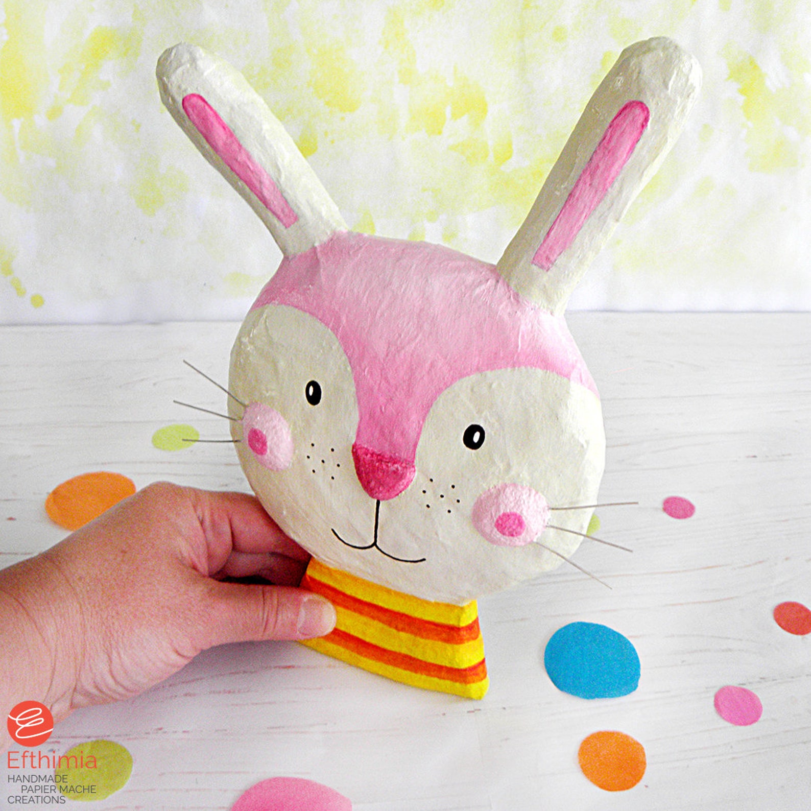 Paper Mache Bunny Head, Papier Mache Animal Sculpture, Bunny Kids Wall