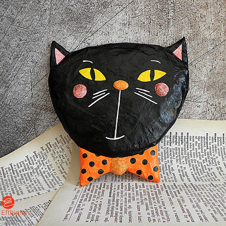 Paper Mache Black Cat Wall Decor, Halloween Black Cat Head Sculpture