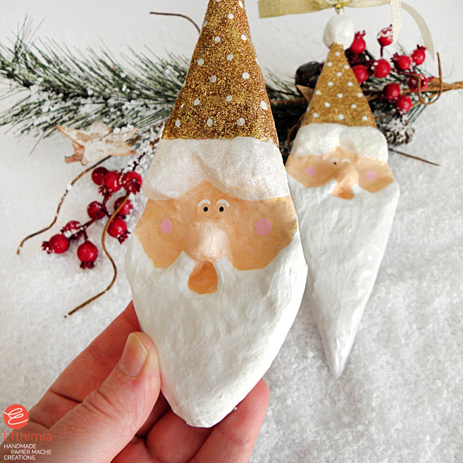 Gold Santa Head Ornaments Paper Mache Christmas Ornaments Etsy