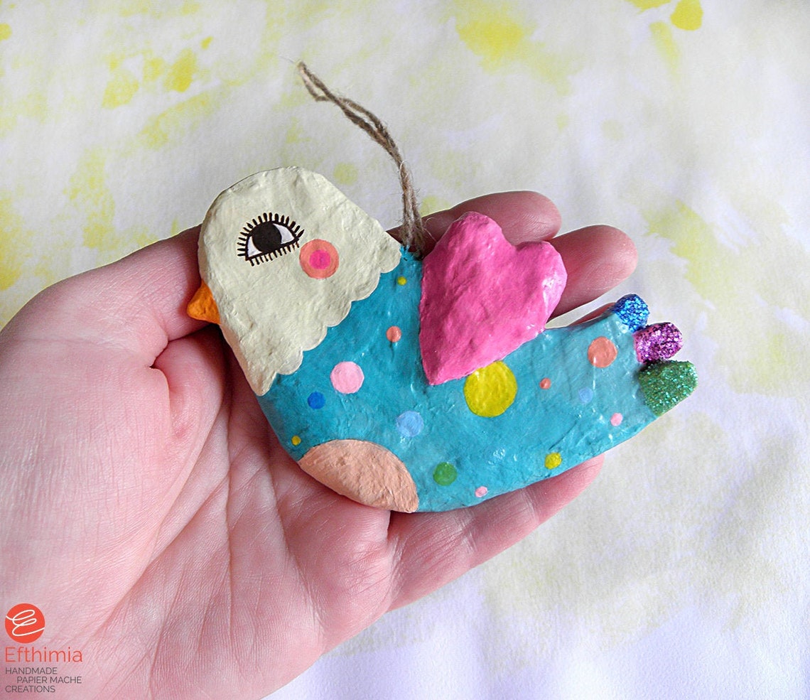 Paper Mache Colorful Bird Ornament Decorative Whimsical Etsy