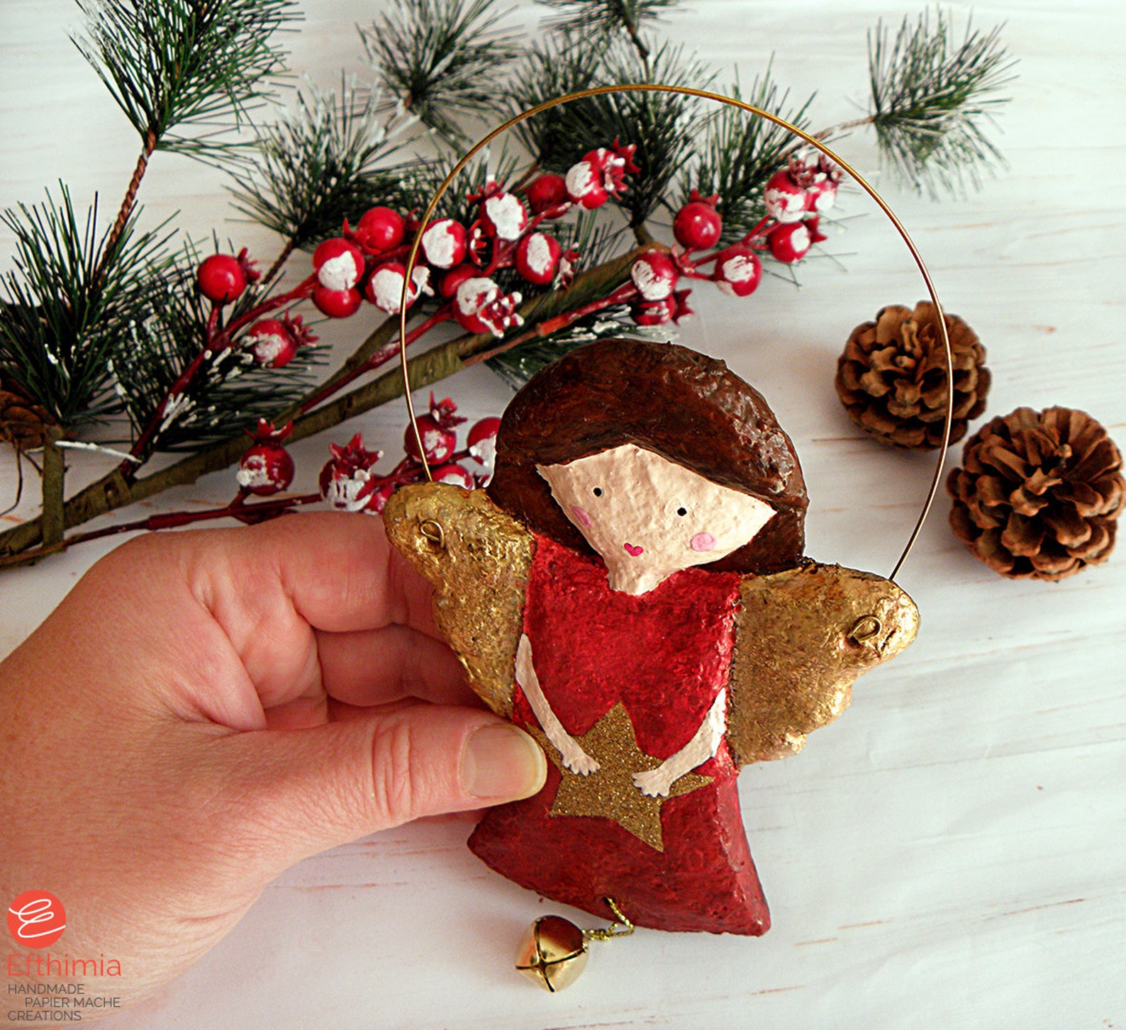 Paper Mache Angel Christmas Ornament, Hanging Angel Decor, Christmas