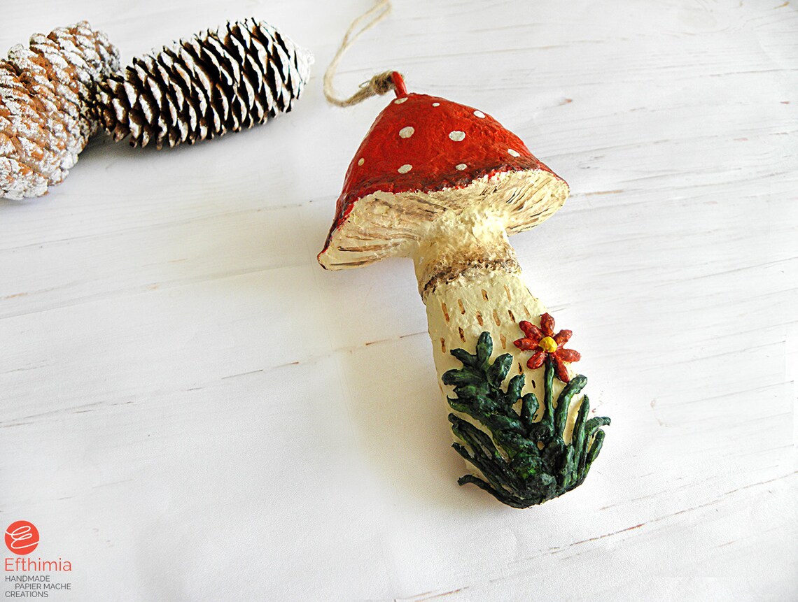 Paper Mache Mushroom Ornament, Hanging Mushroom Decor, Big Mushroom Art